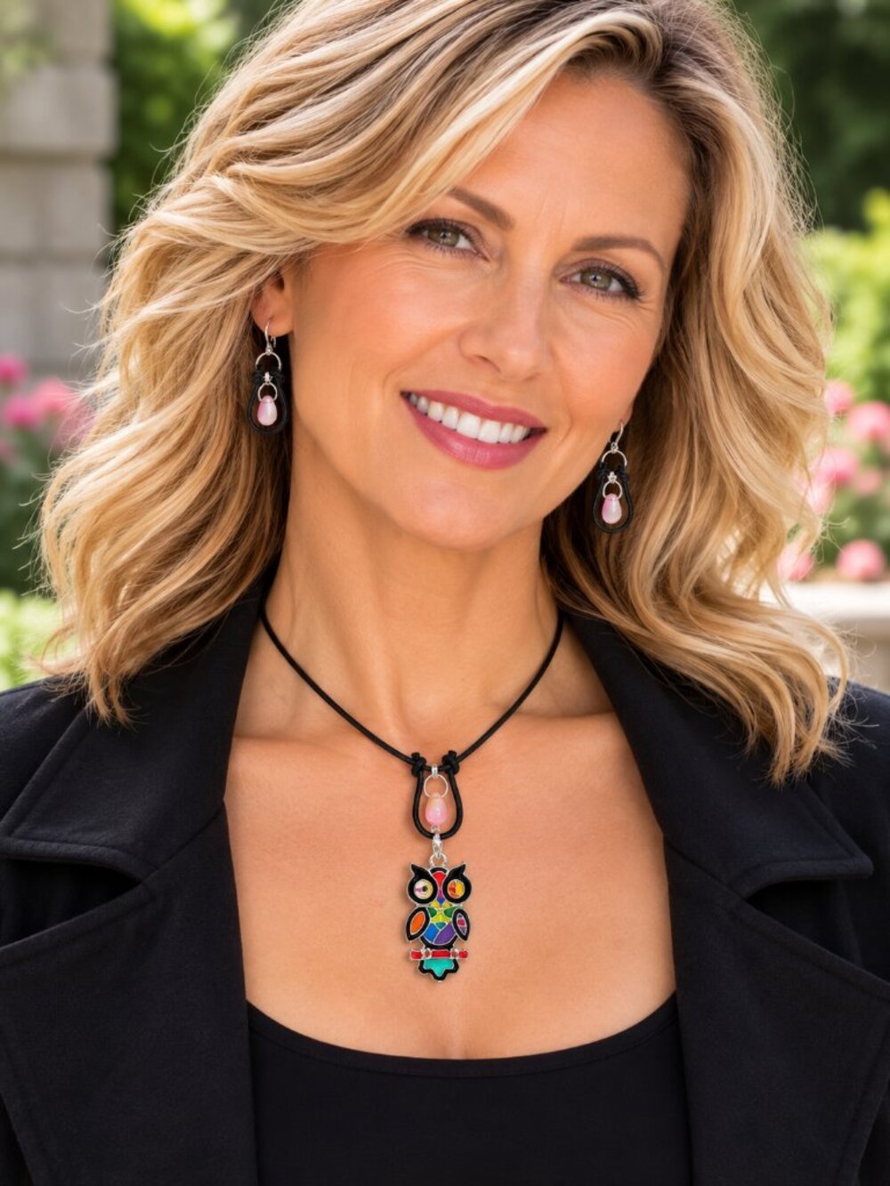 Enamel Owl Choker Necklace & Earrings Brown Hand knotted Leather